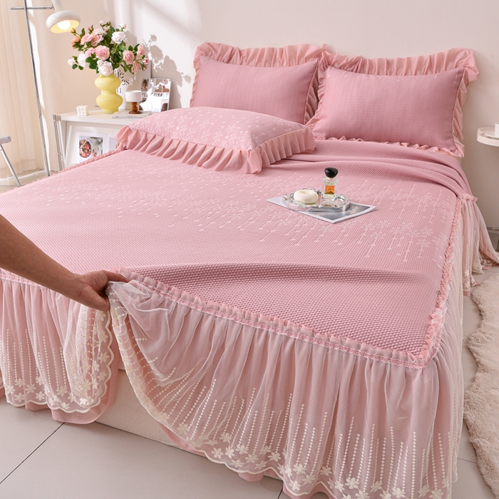 91家纺网 家纺一手货源 找家纺 梵克保罗 2025新款凉感豆豆床裙夏被四件套 幸运花 粉