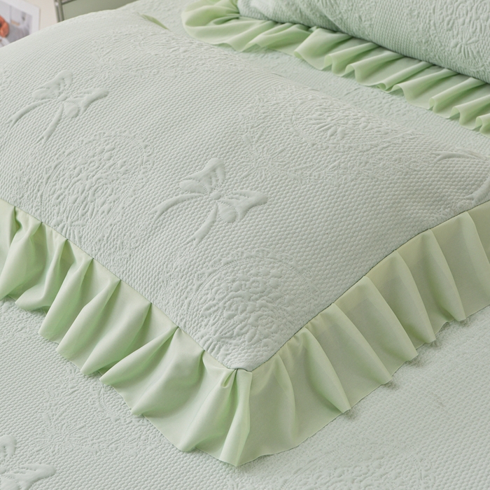 91家纺网 家纺一手货源 找家纺 梵克保罗 2025新款凉感豆豆床裙夏被四件套 花梦蝶 绿