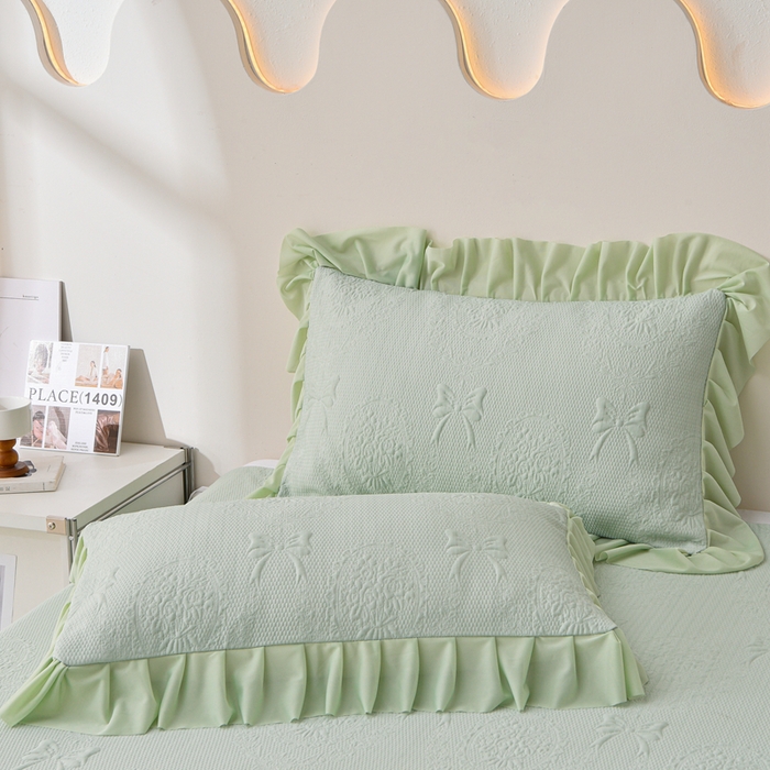 91家纺网 家纺一手货源 找家纺 梵克保罗 2025新款凉感豆豆床裙夏被四件套 花梦蝶 绿