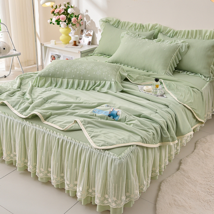 梵克保罗 2025新款凉感豆豆床裙夏被四件套 幸运花 香草绿