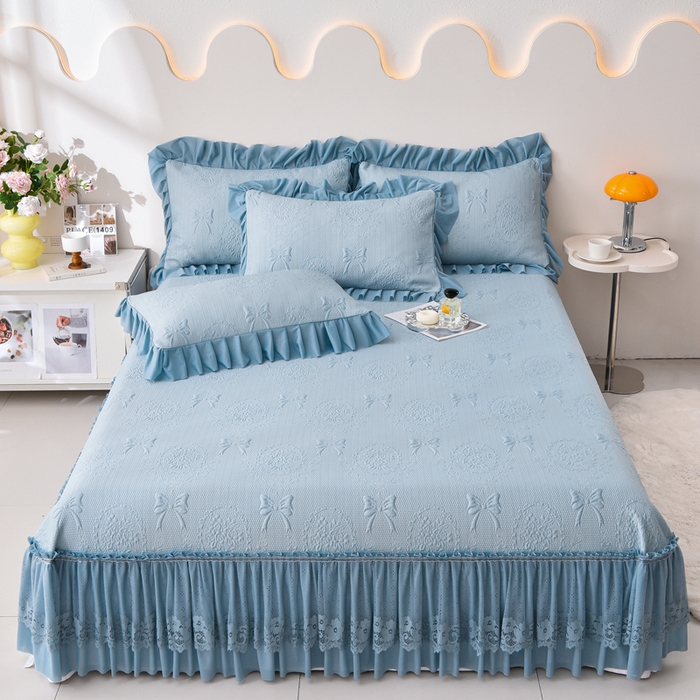 91家纺网 家纺一手货源 找家纺 梵克保罗 2025新款凉感豆豆床裙夏被四件套 花梦蝶 兰