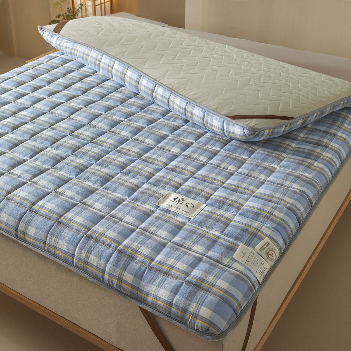 91家纺网 家纺一手货源 找家纺 鑫钰 2025年新款新疆棉花床垫家用软垫床褥 棉格-简希蓝