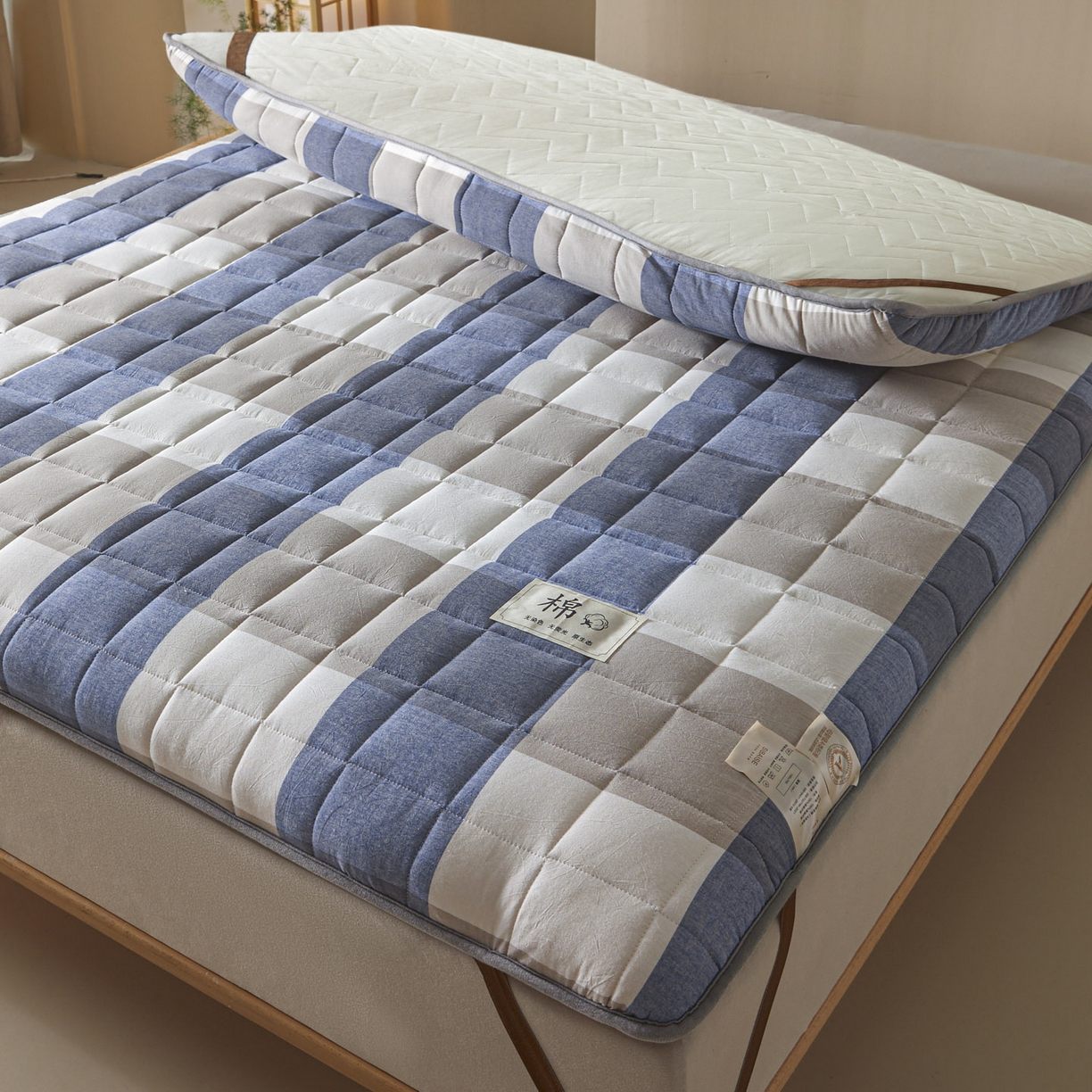 91家纺网 家纺一手货源 找家纺 鑫钰 2025年新款新疆棉花床垫家用软垫床褥 棉格-蓝大格
