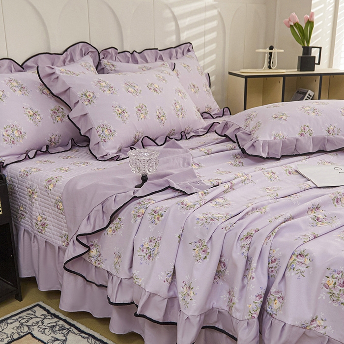 91家纺网 家纺一手货源 找家纺 梵克保罗 2025春夏新款有氧双层纱印花夹棉床盖四件套夏被四件套 法式风情