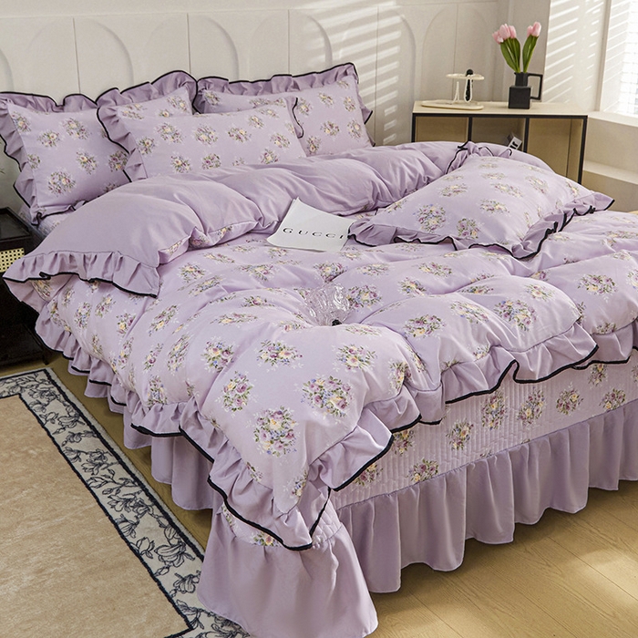 91家纺网 家纺一手货源 找家纺 梵克保罗 2025春夏新款有氧双层纱印花夹棉床盖四件套夏被四件套 法式风情