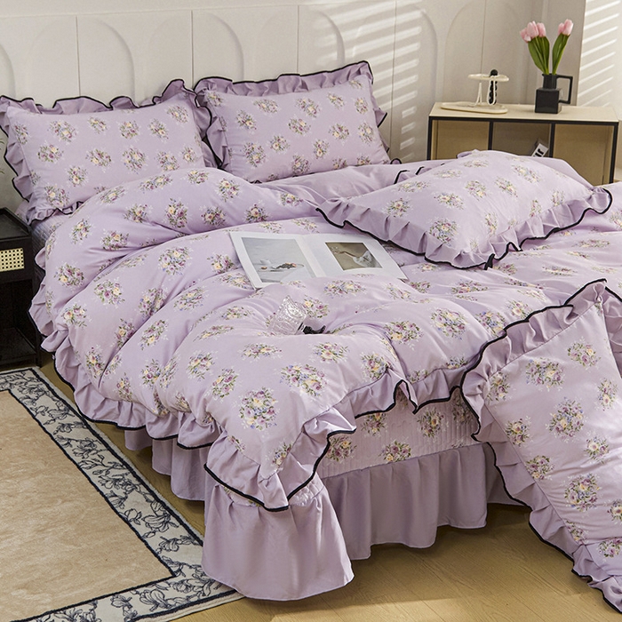 91家纺网 家纺一手货源 找家纺 梵克保罗 2025春夏新款有氧双层纱印花夹棉床盖四件套夏被四件套 法式风情