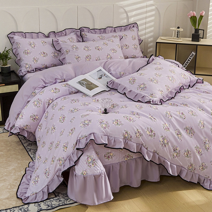 91家纺网 家纺一手货源 找家纺 梵克保罗 2025春夏新款有氧双层纱印花夹棉床盖四件套夏被四件套 法式风情