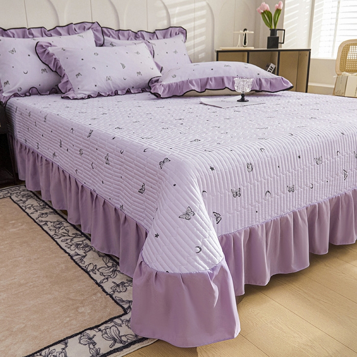 91家纺网 家纺一手货源 找家纺 梵克保罗 2025春夏新款有氧双层纱印花夹棉床盖四件套夏被四件套 蝴蝶纷飞 星空紫