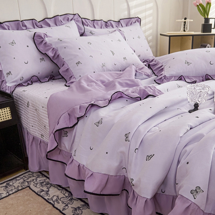 91家纺网 家纺一手货源 找家纺 梵克保罗 2025春夏新款有氧双层纱印花夹棉床盖四件套夏被四件套 蝴蝶纷飞 星空紫