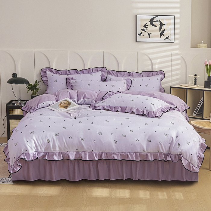 91家纺网 家纺一手货源 找家纺 梵克保罗 2025春夏新款有氧双层纱印花夹棉床盖四件套夏被四件套 蝴蝶纷飞 星空紫