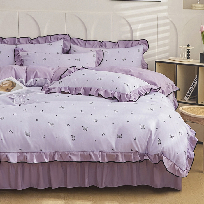 91家纺网 家纺一手货源 找家纺 梵克保罗 2025春夏新款有氧双层纱印花夹棉床盖四件套夏被四件套 蝴蝶纷飞 星空紫