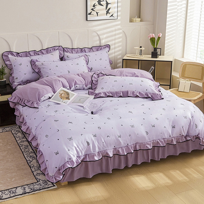 91家纺网 家纺一手货源 找家纺 梵克保罗 2025春夏新款有氧双层纱印花夹棉床盖四件套夏被四件套 蝴蝶纷飞 星空紫