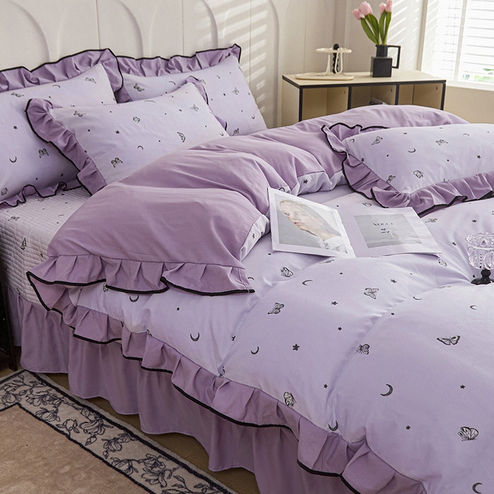 91家纺网 家纺一手货源 找家纺 梵克保罗 2025春夏新款有氧双层纱印花夹棉床盖四件套夏被四件套 蝴蝶纷飞 星空紫