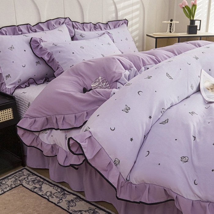 91家纺网 家纺一手货源 找家纺 梵克保罗 2025春夏新款有氧双层纱印花夹棉床盖四件套夏被四件套 蝴蝶纷飞 星空紫