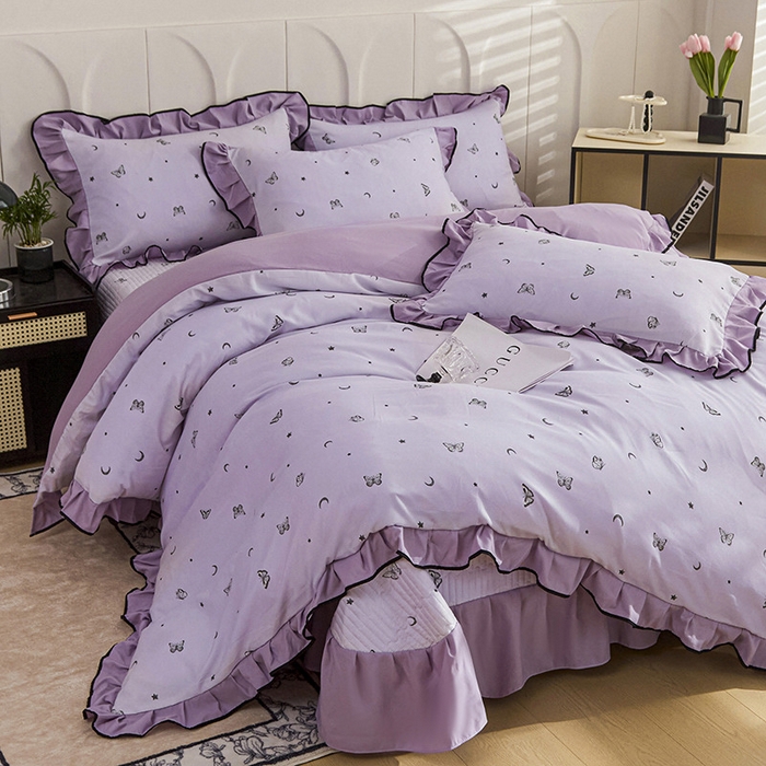 91家纺网 家纺一手货源 找家纺 梵克保罗 2025春夏新款有氧双层纱印花夹棉床盖四件套夏被四件套 蝴蝶纷飞 星空紫