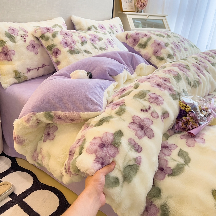 摩妮卡 2025新款A类大泡泡印花兔毛牛奶绒四件套 梦妆花