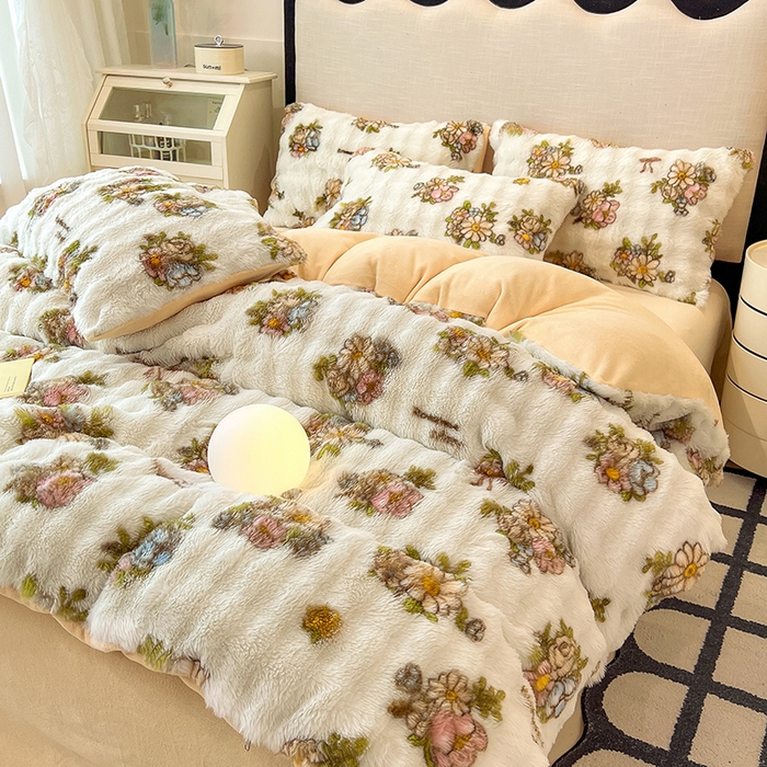 91家纺网 家纺一手货源 找家纺 摩妮卡 2025新款A类大泡泡印花兔毛牛奶绒四件套 轻纱漫舞