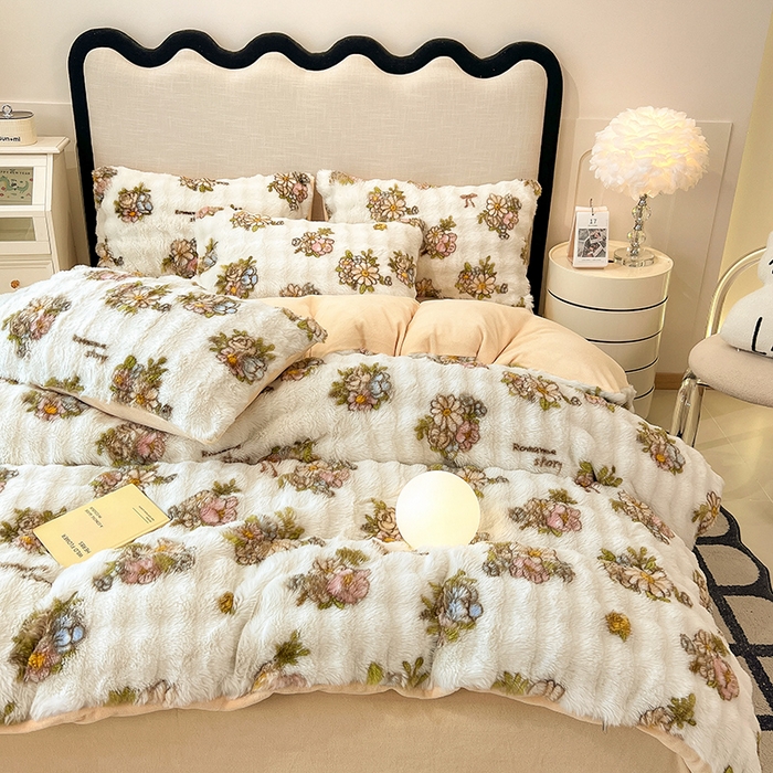 91家纺网 家纺一手货源 找家纺 摩妮卡 2025新款A类大泡泡印花兔毛牛奶绒四件套 轻纱漫舞