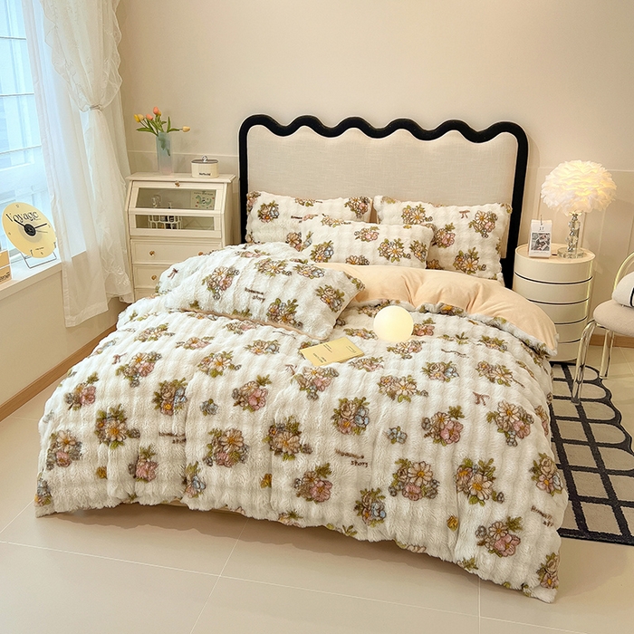 91家纺网 家纺一手货源 找家纺 摩妮卡 2025新款A类大泡泡印花兔毛牛奶绒四件套 轻纱漫舞