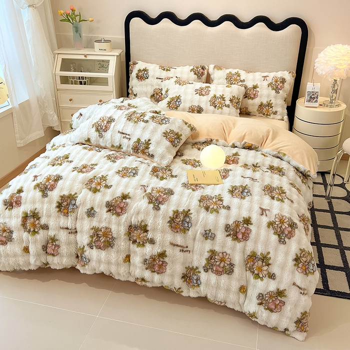 91家纺网 家纺一手货源 找家纺 摩妮卡 2025新款A类大泡泡印花兔毛牛奶绒四件套 轻纱漫舞