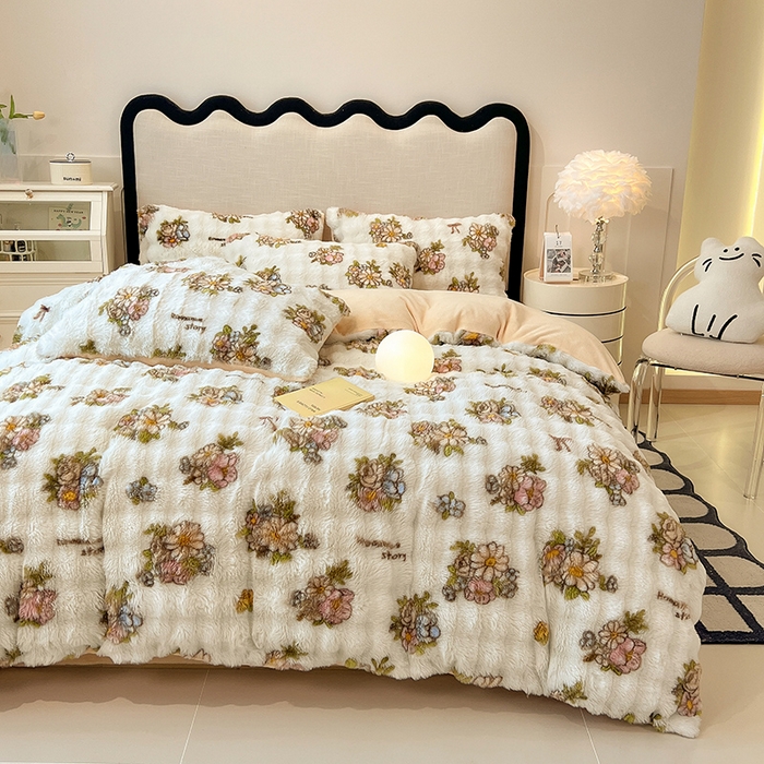 91家纺网 家纺一手货源 找家纺 摩妮卡 2025新款A类大泡泡印花兔毛牛奶绒四件套 轻纱漫舞