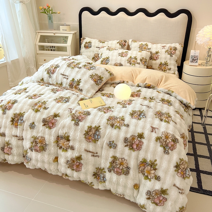 91家纺网 家纺一手货源 找家纺 摩妮卡 2025新款A类大泡泡印花兔毛牛奶绒四件套 轻纱漫舞