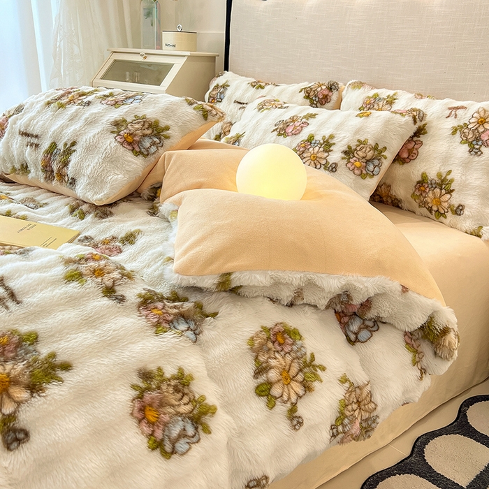 91家纺网 家纺一手货源 找家纺 摩妮卡 2025新款A类大泡泡印花兔毛牛奶绒四件套 轻纱漫舞