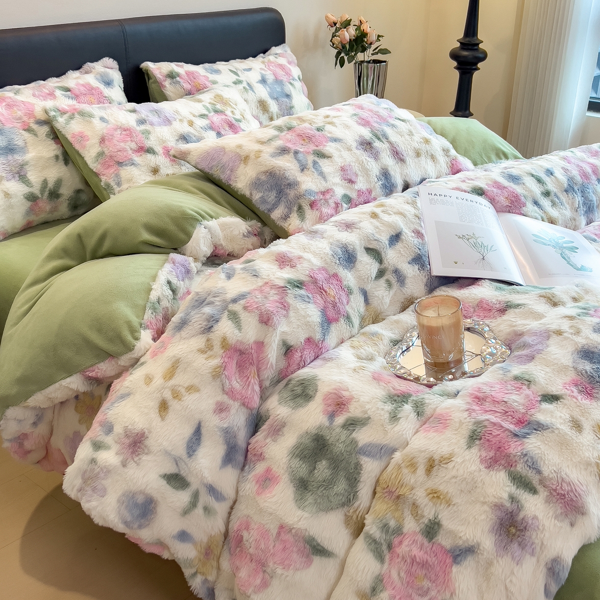 91家纺网 家纺一手货源 找家纺 摩妮卡 2025新款A类大泡泡印花兔毛牛奶绒四件套 卡丽花