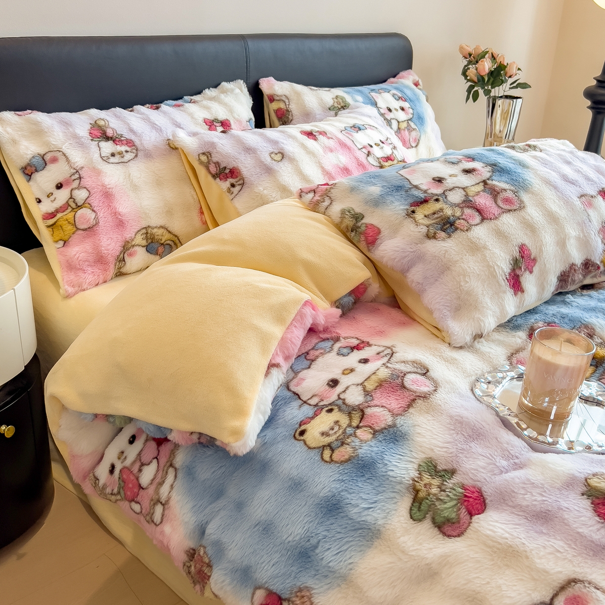 91家纺网 家纺一手货源 找家纺 摩妮卡 2025新款A类大泡泡印花兔毛牛奶绒四件套 猫猫日常