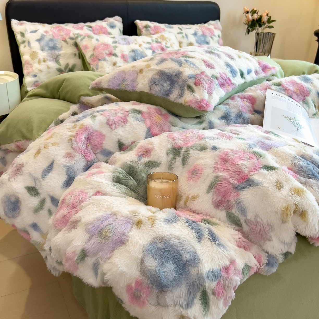 91家纺网 家纺一手货源 找家纺 摩妮卡 2025新款A类大泡泡印花兔毛牛奶绒四件套 卡丽花