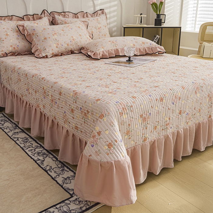 91家纺网 家纺一手货源 找家纺 梵克保罗 2025春夏新款有氧双层纱印花夹棉床盖四件套夏被四件套 莫奈花园