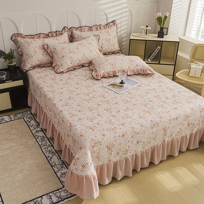 91家纺网 家纺一手货源 找家纺 梵克保罗 2025春夏新款有氧双层纱印花夹棉床盖四件套夏被四件套 莫奈花园