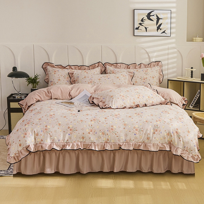 91家纺网 家纺一手货源 找家纺 梵克保罗 2025春夏新款有氧双层纱印花夹棉床盖四件套夏被四件套 莫奈花园