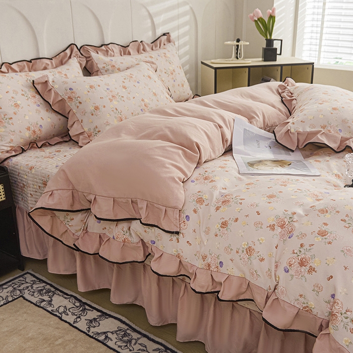 91家纺网 家纺一手货源 找家纺 梵克保罗 2025春夏新款有氧双层纱印花夹棉床盖四件套夏被四件套 莫奈花园