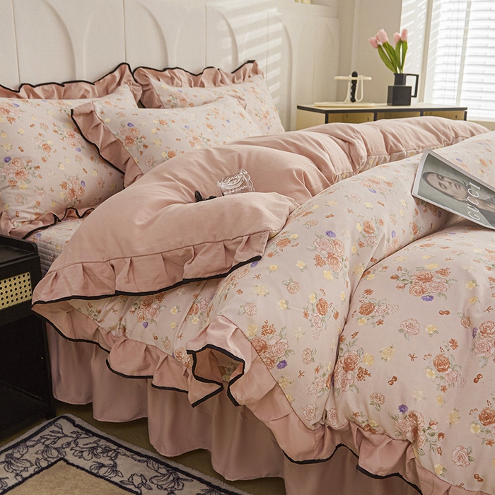 91家纺网 家纺一手货源 找家纺 梵克保罗 2025春夏新款有氧双层纱印花夹棉床盖四件套夏被四件套 莫奈花园