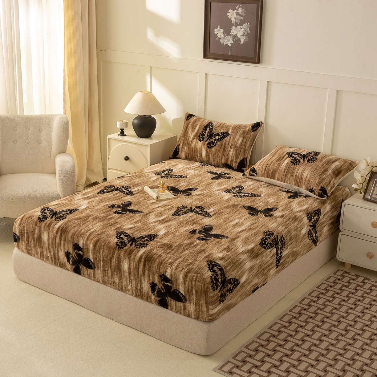 91家纺网 家纺一手货源 找家纺 眠势力 2025新款兔毛绒床笠单件冬季加绒冬季保暖保护套全包防尘床垫罩-美拉德系列 蝶绒梦境【兔毛绒床笠】