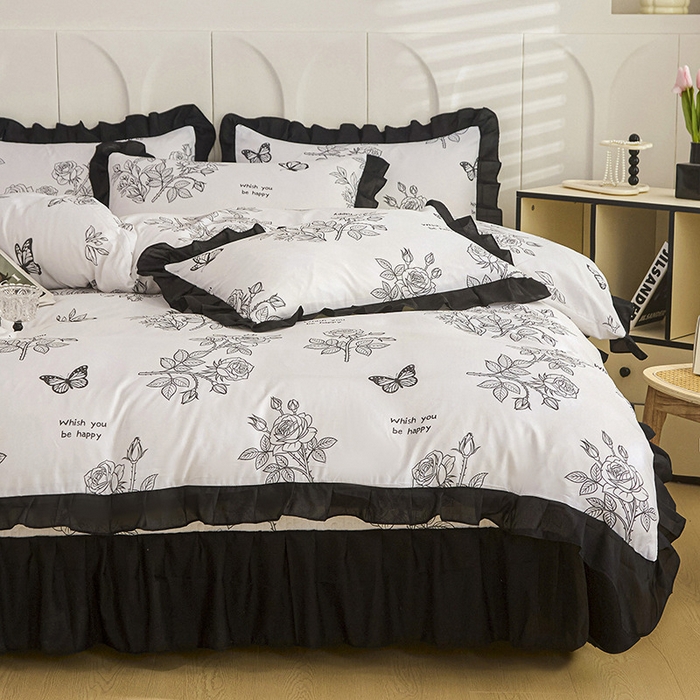 91家纺网 家纺一手货源 找家纺 梵克保罗 2025春夏新款有氧双层纱印花夹棉床盖四件套夏被四件套 墨蝶幻梦