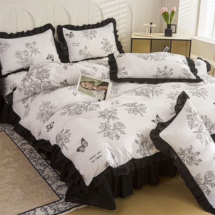 91家纺网 家纺一手货源 找家纺 梵克保罗 2025春夏新款有氧双层纱印花夹棉床盖四件套夏被四件套 墨蝶幻梦