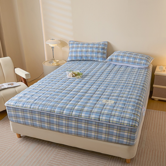 91家纺网 家纺一手货源 找家纺 鑫钰 2025秋冬新款新疆棉棉花床笠 棉格-简希蓝