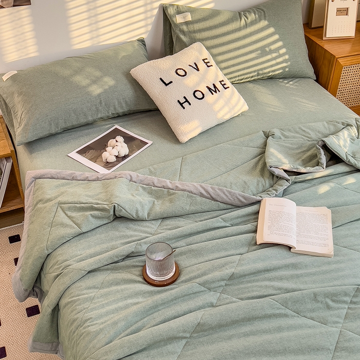 91家纺网 家纺一手货源 找家纺 梵克保罗 2025春夏新款10A抗菌无印风水洗棉夏被四件套 薄荷绿