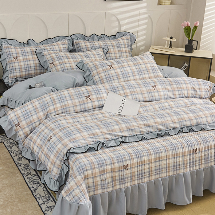 91家纺网 家纺一手货源 找家纺 梵克保罗 2025春夏新款有氧双层纱印花夹棉床盖四件套夏被四件套 妮卡