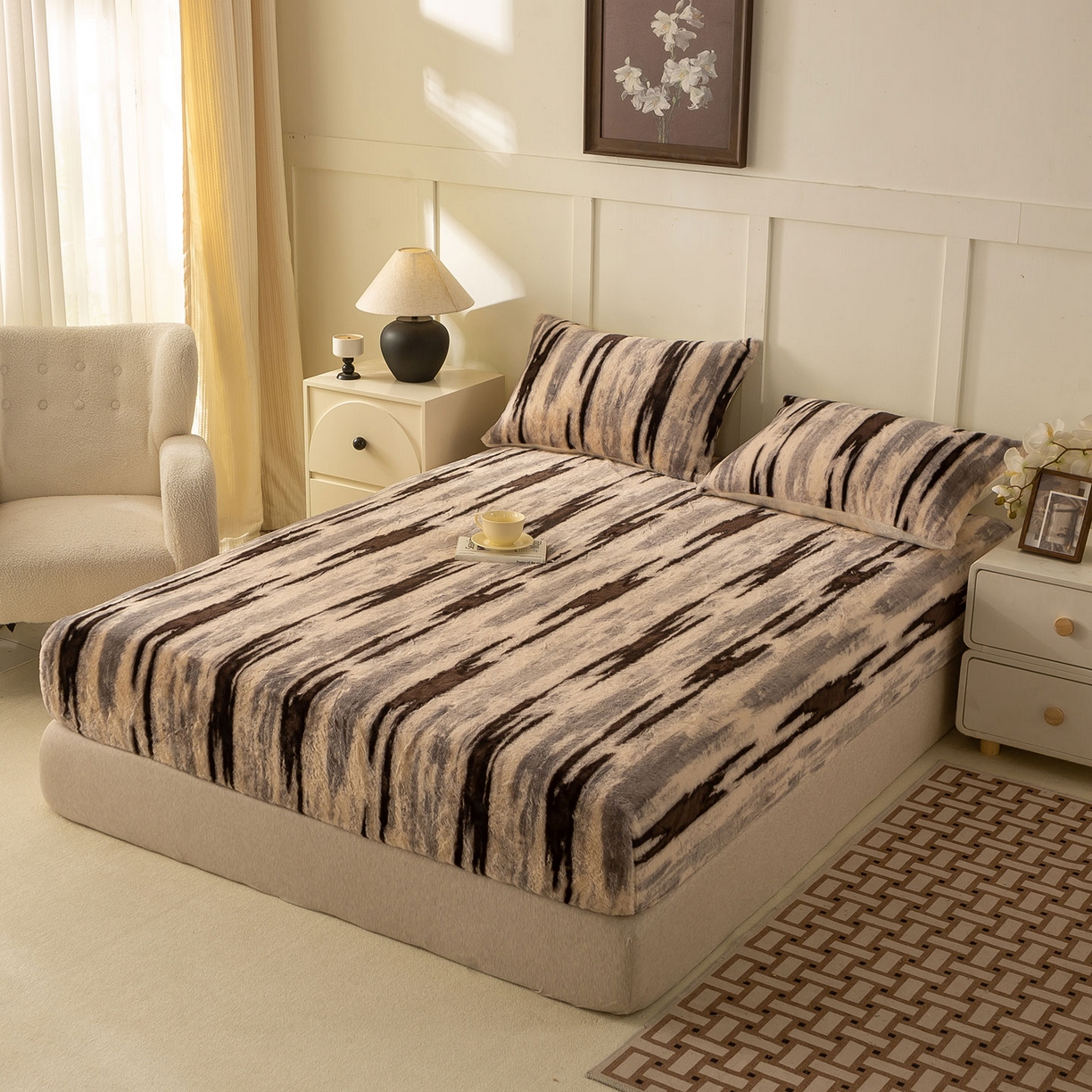 91家纺网 家纺一手货源 找家纺 眠势力 2025新款兔毛绒床笠单件冬季加绒冬季保暖保护套全包防尘床垫罩-美拉德系列 猎影绒光【兔毛绒床笠】