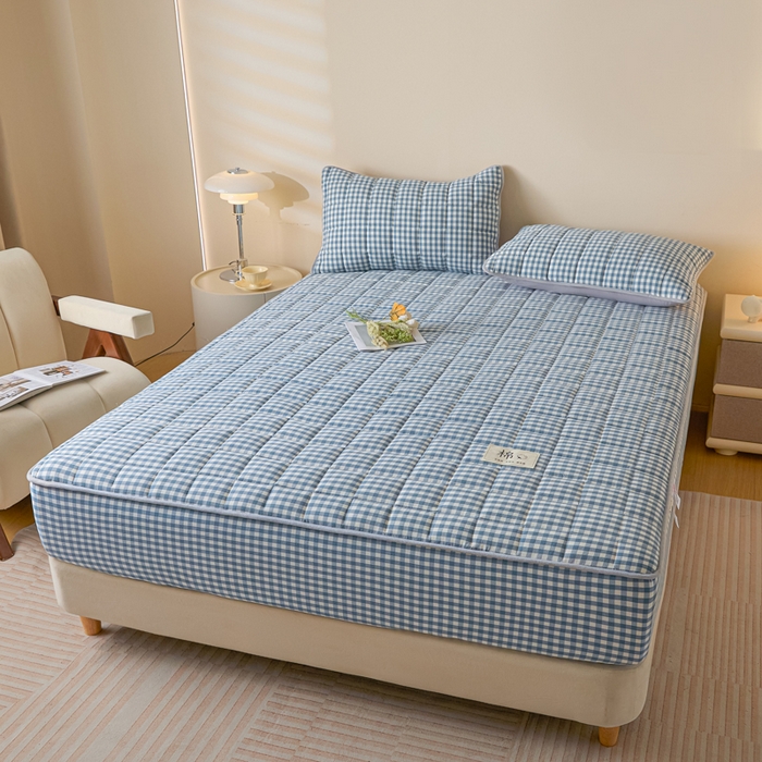 91家纺网 家纺一手货源 找家纺 鑫钰 2025秋冬新款新疆棉棉花床笠 棉格-蓝小格