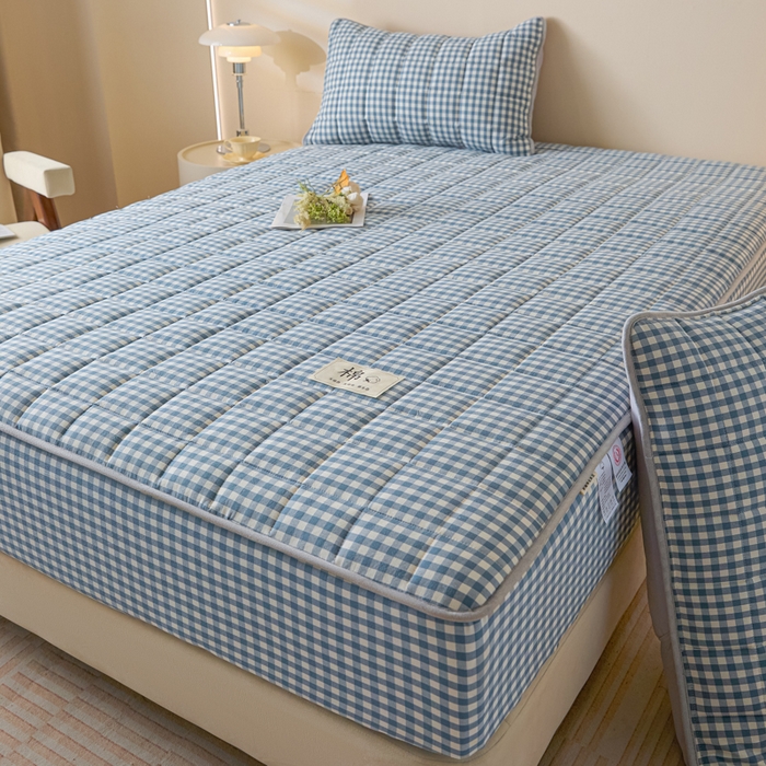 91家纺网 家纺一手货源 找家纺 鑫钰 2025秋冬新款新疆棉棉花床笠 棉格-蓝小格