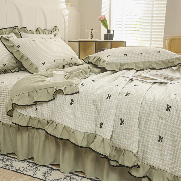 91家纺网 家纺一手货源 找家纺 梵克保罗 2025春夏新款有氧双层纱印花夹棉床盖四件套夏被四件套 千鸟格绿