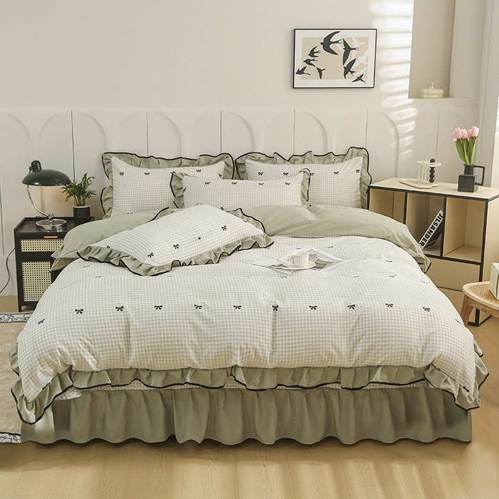 91家纺网 家纺一手货源 找家纺 梵克保罗 2025春夏新款有氧双层纱印花夹棉床盖四件套夏被四件套 千鸟格绿