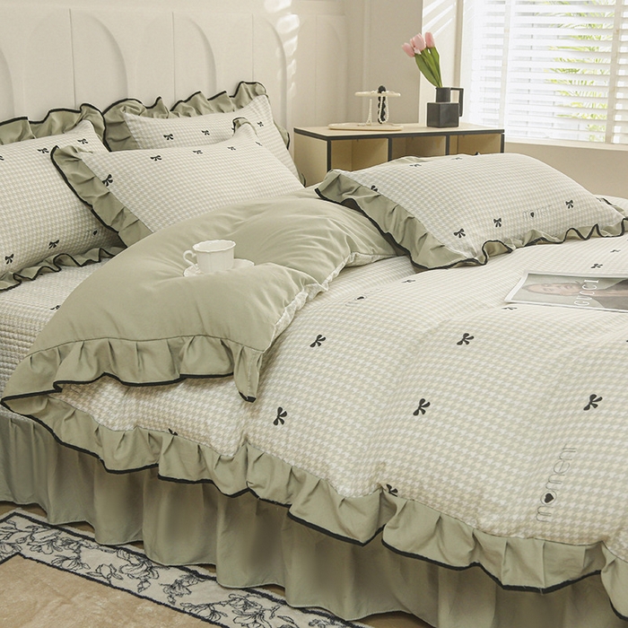 91家纺网 家纺一手货源 找家纺 梵克保罗 2025春夏新款有氧双层纱印花夹棉床盖四件套夏被四件套 千鸟格绿
