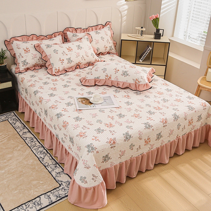 91家纺网 家纺一手货源 找家纺 梵克保罗 2025春夏新款有氧双层纱印花夹棉床盖四件套夏被四件套 浅夏微风