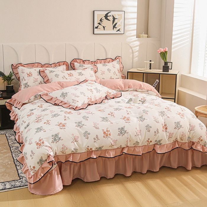 91家纺网 家纺一手货源 找家纺 梵克保罗 2025春夏新款有氧双层纱印花夹棉床盖四件套夏被四件套 浅夏微风