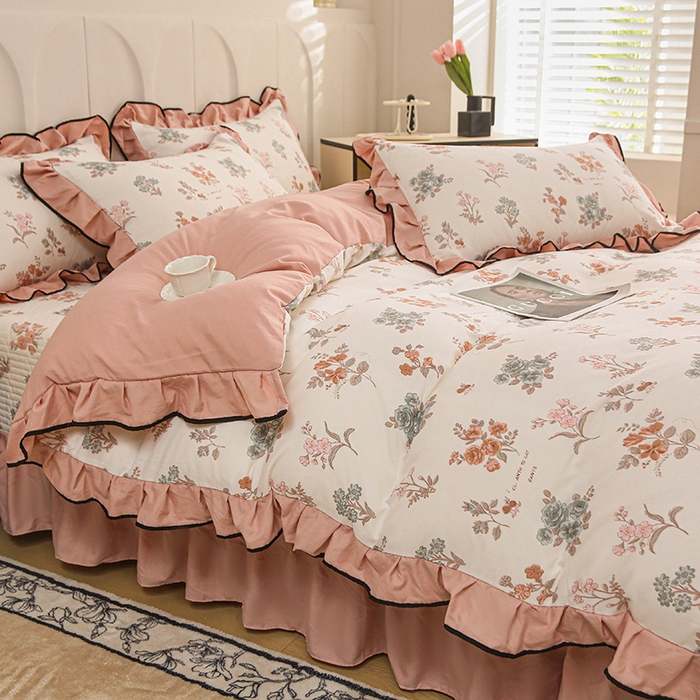 91家纺网 家纺一手货源 找家纺 梵克保罗 2025春夏新款有氧双层纱印花夹棉床盖四件套夏被四件套 浅夏微风